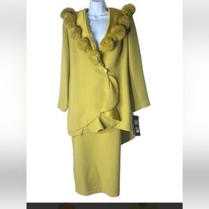 Midnight Velvet Mustard Skirt Set With Faux Fur Pom Pom Trim